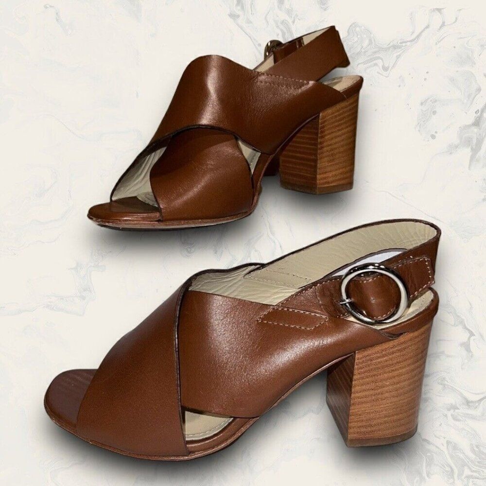 Napoleoni Leather Criss Cross Brown Leather Block Heel Sandal Women’s Size 5-5.5